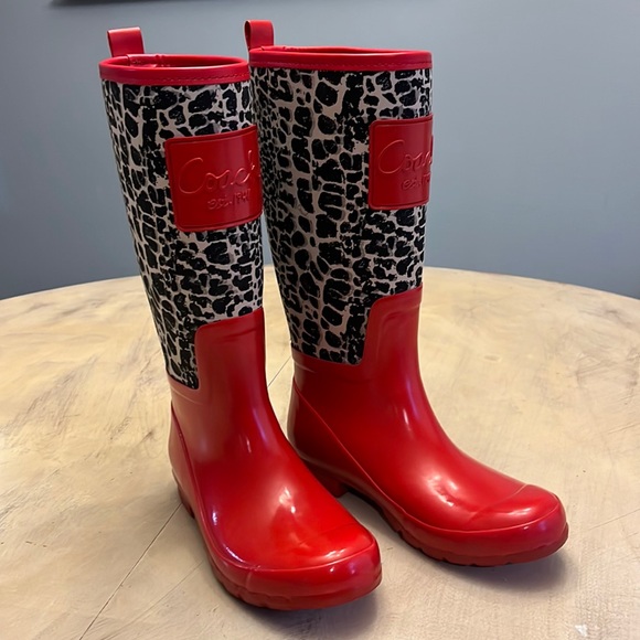 Coach Shoes - Womens Coach Pearl Legacy Cheetah Knee High Rain Boots Size 6